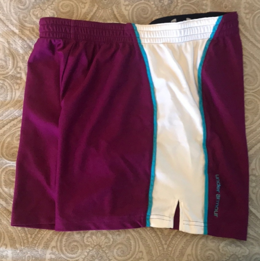 Under Armour Women's Plum Athletic Shorts with White & Teal Trim